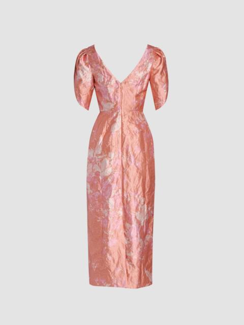 FLORAL PRINT TEXTURED SATIN MIDI PENCIL DRESS