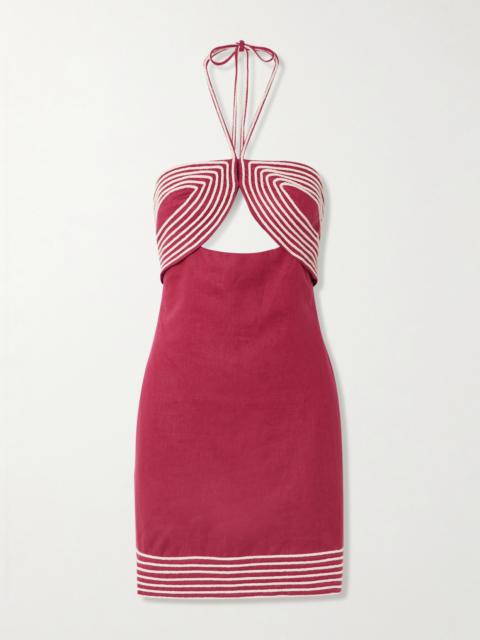 De Coco Embroidered Linen Halterneck Mini Dress