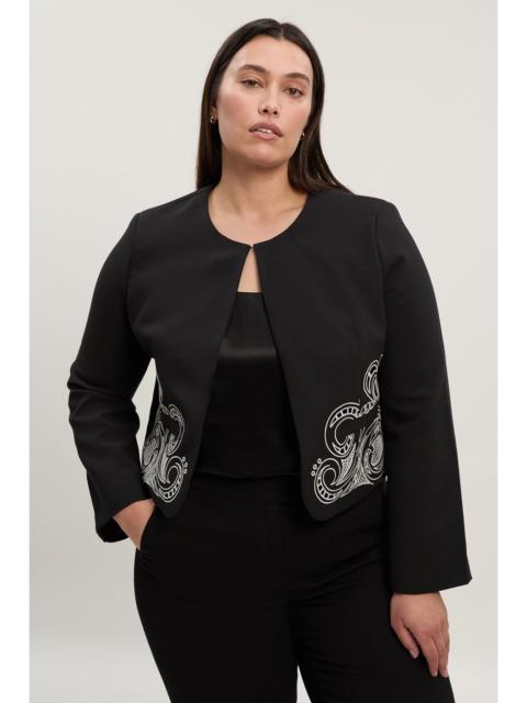 Plus Size Tailored Cutwork Detail Collarless Jacket