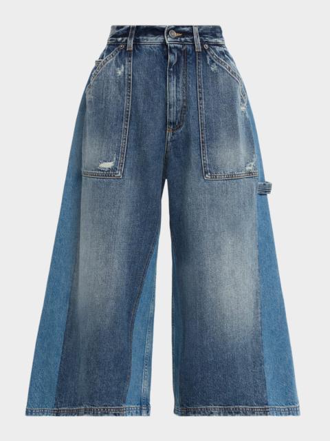 Patchwork Denim Wide-Leg Crop Carpenter Pants