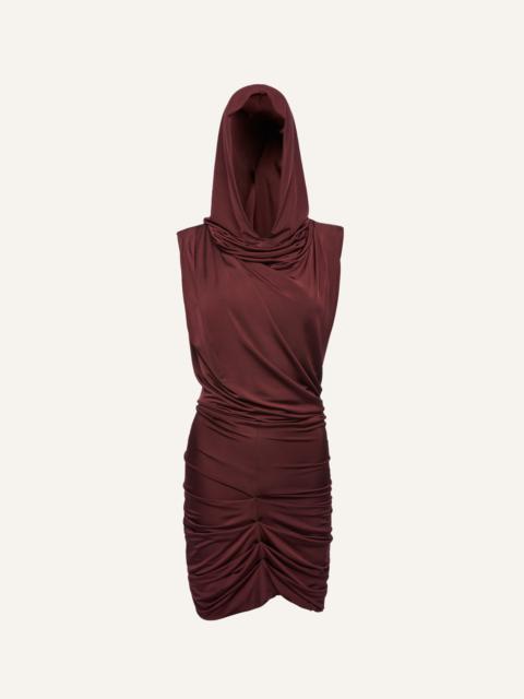 Hooded drape dress in burgundy