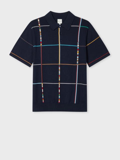 Navy 'Signature Stripe Check' Knitted Cotton Polo Shirt