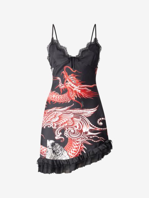 Silk Mini Dress with Dragon and Ruffles