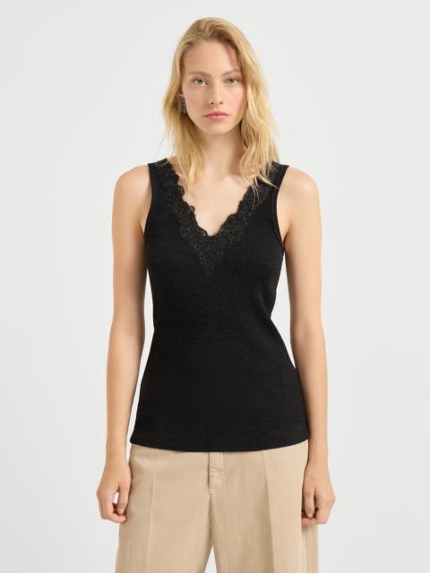 Ribbed wool jersey top with wispy lace embroidery