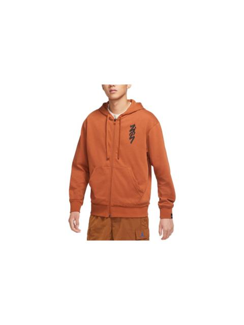 Men's Air Jordan Zion Alphabet Printing Retro Hooded Zipper Jacket Brown DJ5870-246