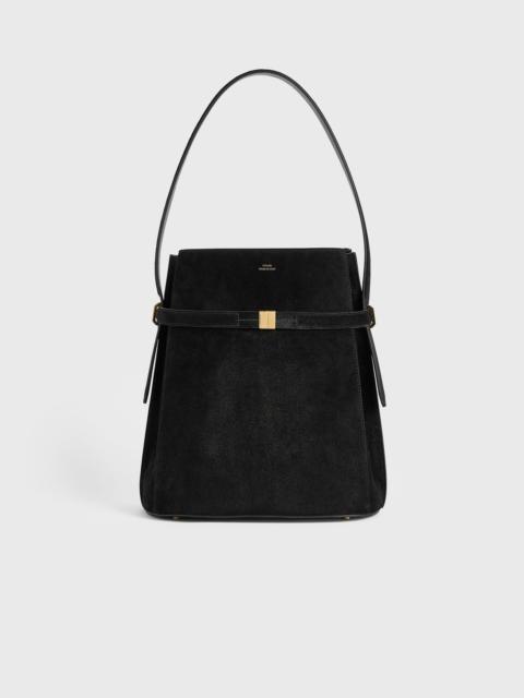 Belted suede bucket bag black