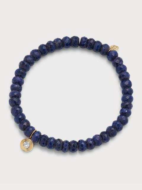 14K Gold Fluted Diamond Charm on Blue Sapphire Rondelle Bead Bracelet