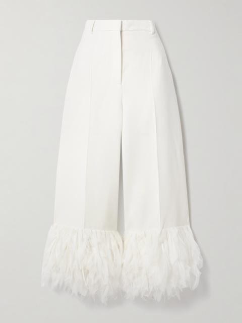 Fringed Tulle-trimmed Twill Wide-leg Pants
