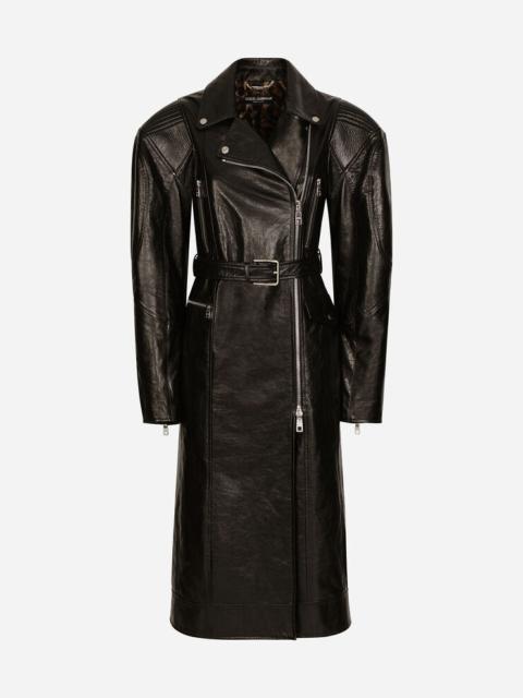 Belted leather biker coat