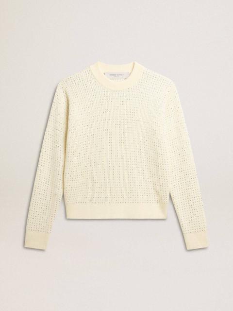 Women's crew-neck sweater in white merino wool with all-over crystals