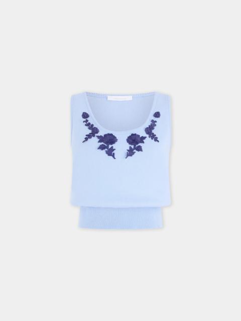 TANK TOP IN BLUE KNITTED WOOL WITH FLOWER EMBROIDERY