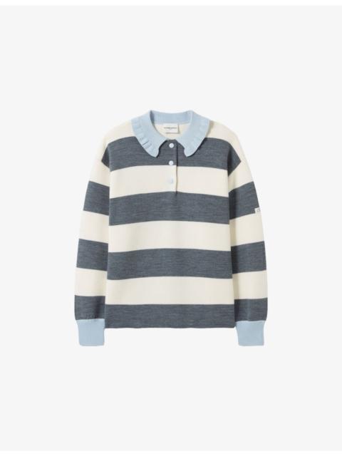 Striped Frill-Collar Knitted Jumper