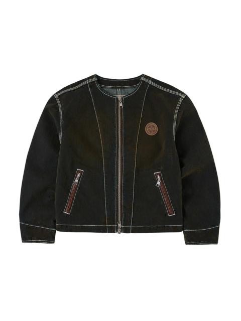 Contrast Stitch Design and Kamon Leather Label Regular Fit Denim Jacket