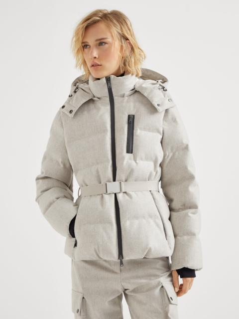 Bonded virgin wool flannel mountain down jacket with detachable hood and precious zip detail