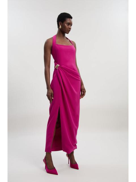 Petite Polished Tailored Halter Neck Gathered Midi Dress
