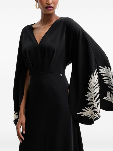leaf-embroidered v-neck dress