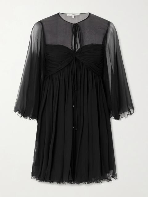 Tie-detailed Gathered Silk-chiffon Mini Dress