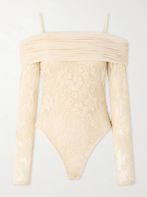 Off-the-shoulder Ruched Jersey And Stretch-lace Bodysuit