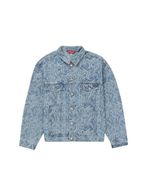 Supreme Script Jacquard Denim Trucker Jacket Washed Blue