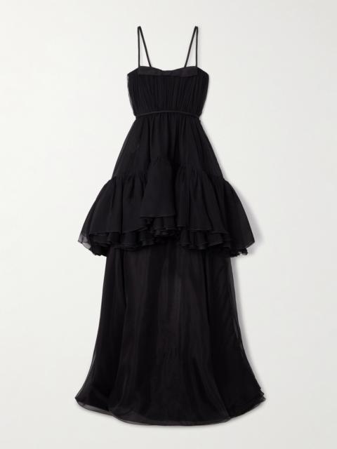 Layered Satin-trimmed Ruffled Silk-chiffon Gown