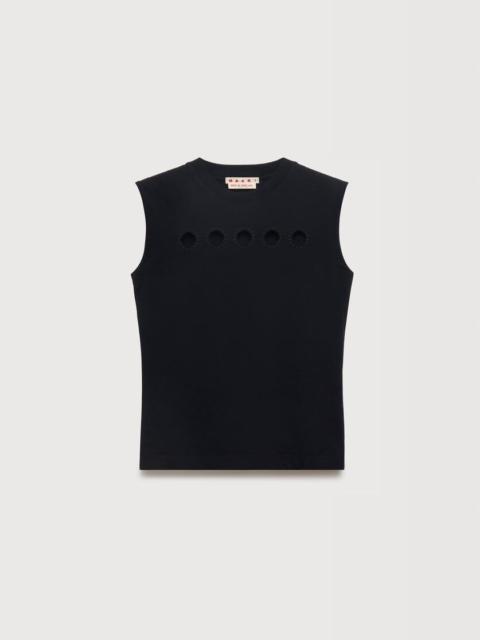 BLACK COTTON SLEEVELESS T-SHIRT WITH CUT-OUT POLKA DOTS