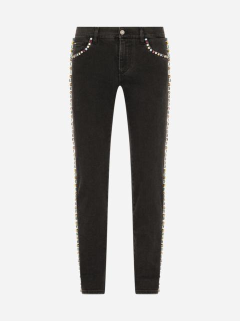 Black skinny stretch jeans with crystals