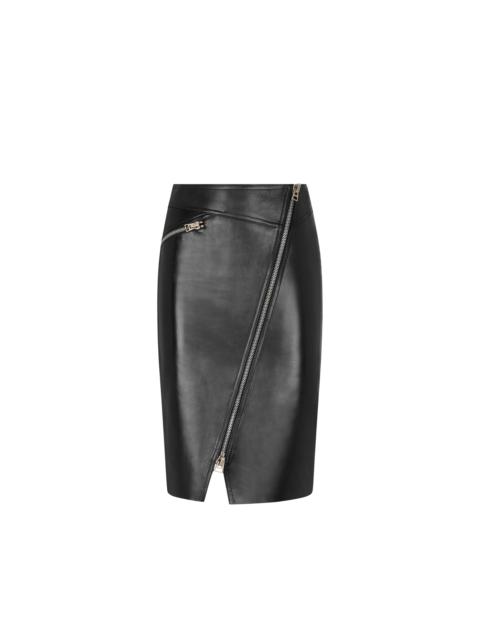KNEE-LENGTH DIAGONAL ZIP LEATHER SKIRT