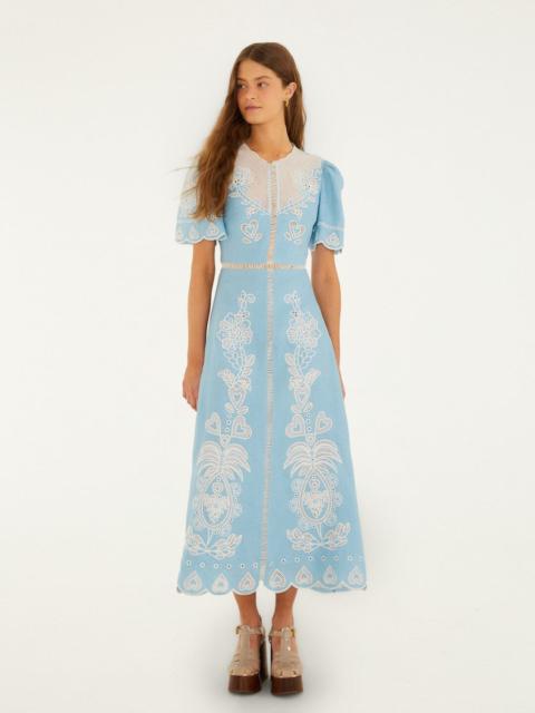 Light Blue Embroidered Euroflax Premium Linene Midi Dress