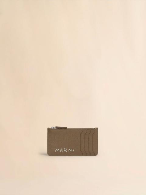 BROWN LEATHER CARD CASE WITH MARNI MENDING