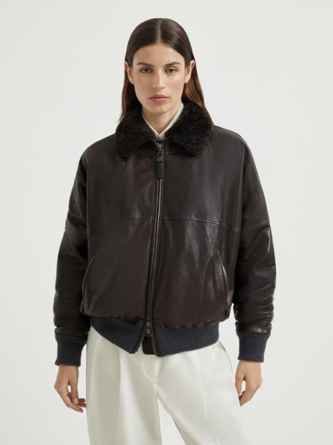 Nappa leather aviator bomber with detachable shearling collar monili