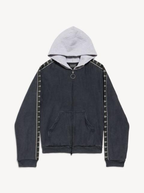 Men's Stripe Patched Hood Zip-up Hoodie in Faded Black/grey