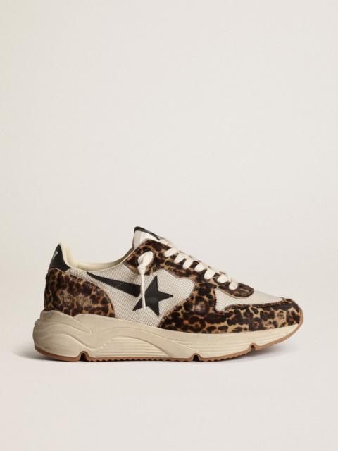 Running Sole sneakers in cream-colored mesh with leopard-print pony skin inserts and black leather s