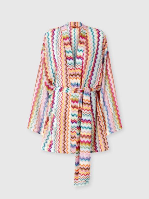Short kimono cover-up in lamé viscose with pixel-effect zigzag pattern