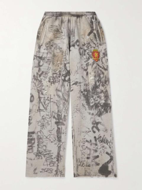 Wide-Leg Logo-Embroidered Distressed Printed Cotton-Jersey Sweatpants