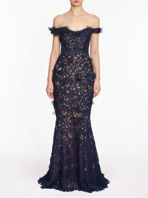 GUIPURE LACE OFF SHOULDER GOWN