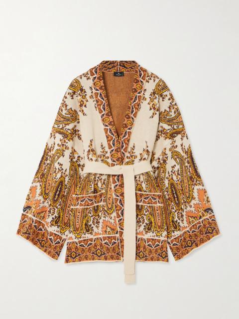 Belted intarsia cotton-blend cardigan Cream