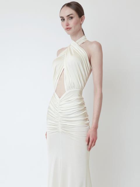 Jersey Sleeveless Halter Ruched Gown