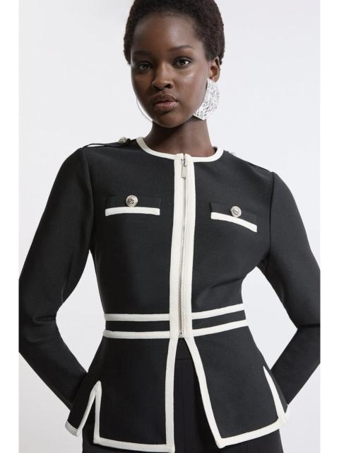 Figure Form Bandage Military Contrast Piping Knit Split Hem Jacket
