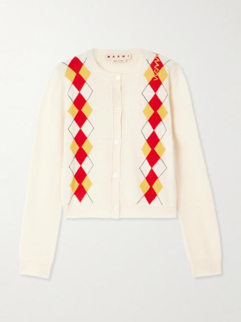Cropped Embroidered Argyle Wool Cardigan
