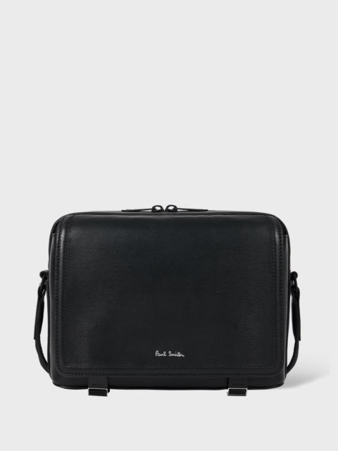 Black Straw-Grain Embossed Leather Messenger Bag