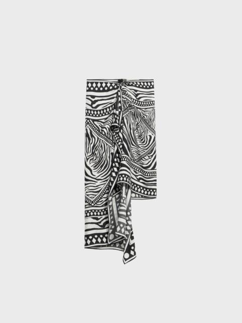 ASYMMETRICAL TWILL SARONG SKIRT WITH FOULARD PRINT
