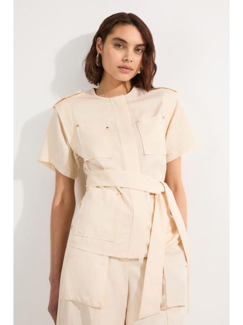 Linen Twill Top Stitch Belted Top With Gold Studs