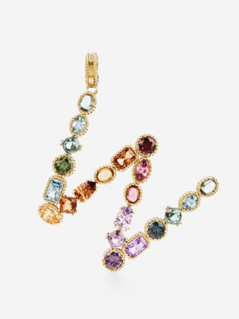 Rainbow alphabet W 18 kt yellow gold charm with multicolor fine gems