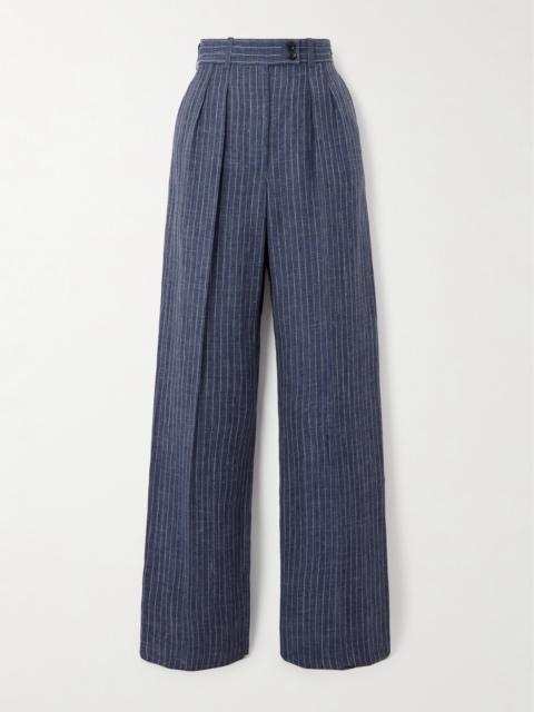Pleated Striped Linen-blend Straight-leg Pants