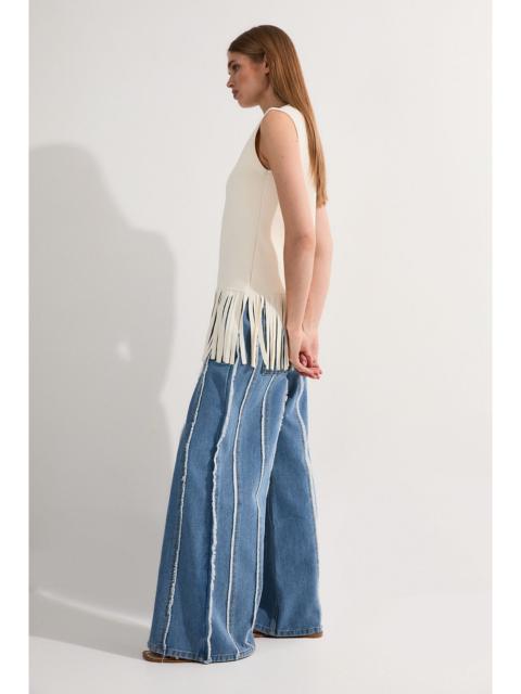 Petite Denim Tassel Detail Wide Leg Jeans