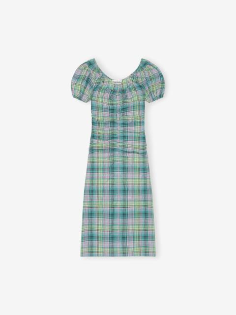 Seersucker Check Gathered U-neck Midi Dress