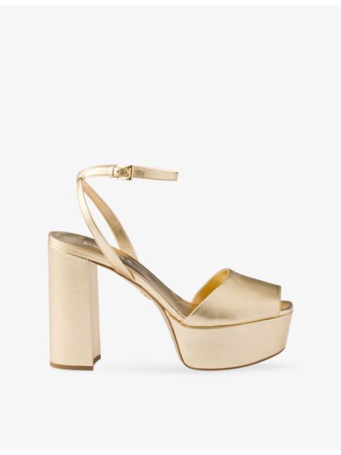 Brand-Print Metallic-Leather Platform Sandals