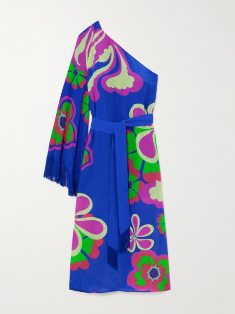 Aubrey Belted One-sleeve Fringed Floral-print Crepe Midi Dress