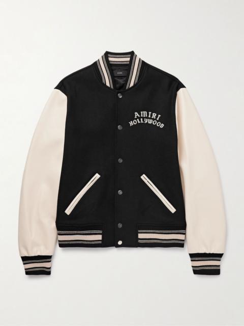 Hollywood Logo-Embroidered Leather and Wool-Blend Flannel Varsity Jacket Black