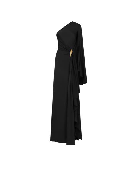 ONE SHOULDER EVENING DRESS WITH CAPE AND LIZA HARDWARE DETAIL